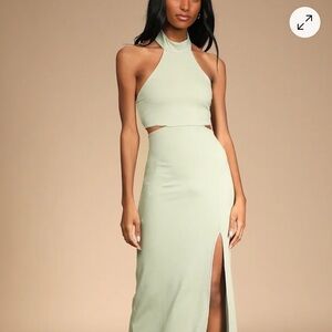 Lulus Modern Mode Sage Green Ribbed Cutout Halter Midi Dress Size NWT  XL